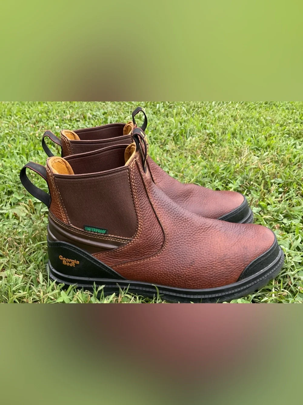Georgia Boot Brown Leather Chelsea Work Boots with Black Toe Caps